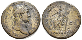 Hadrian Æ Sestertius. (33mm, 25.10 g) Rome, AD 134-138. HADRIANVS AVGVSTVS P P, laureate head right / COS III, Fortuna seated left, holding cornucopia...