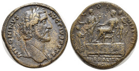 Antoninus Pius Æ Sestertius. (30mm, 28.86 g) Rome, AD 145-161. ANTONINVS AVG PIVS P P TR P, laureate head to right / [COS] IIII, Emperor seated to lef...