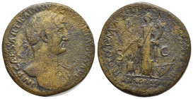 Hadrian. AD 117-138. Æ Sestertius (33mm, 23.17 g). Rome mint. Struck AD 118. Laureate bust with bare chest right, slight drapery / ANNONA AVG in exerg...