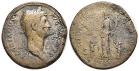 Hadrian. AD 117-138. Æ Sestertius (33mm, 26.13 g). Rome mint. Struck AD 128-circa 129. Laureate head right / Hilaritas standing left, holding long pal...