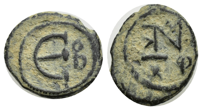 Justin II AD 565-578. Constantinople Pentanummium Æ (14mm, 2.10 g). Large E, B t...