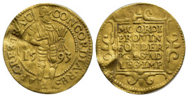 NETHERLANDS. Utrecht. GOLD Ducat (22mm, 3.46 g) (1593). Obv: CONCORDIA RES PAR CRES TRA. Knight standing right, holding sword and arrows. Rev: MO ORDI...