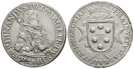 Ferdinando I (1587-1608), Pisa, 1595, Tallero , AR, (41mm, 28.61 g) FERDINANDVS° MED ° MAG° ETR° DVX° III, Half-figure of the Duke in armor, radiated ...