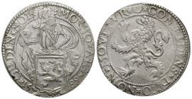 Netherlands AR Lion Taler. (40mm, 27.11 g) Holland, 1589. MO NO ARG ORDIN HOL, Knight over lion shield / CONFIDENS DNO NON MOVETVR, Rampant lion left.
