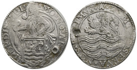 Nederlanden (Dutch Republic). Zeeland. 1581-1795. AR Daalder (40mm, 26.64 g). Dated 1595. Soldier standing left, head right; coat-of-arms below / Lion...