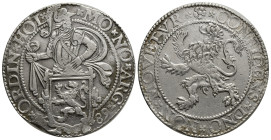 Netherlands AR Lion Taler. (40mm, 27.10 g) Holland, 1589. MO NO ARG ORDIN HOL, Knight over lion shield / CONFIDENS DNO NON MOVETVR, Rampant lion left.