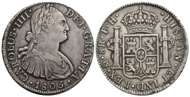 MEXICO, Colonial. Carlos IV, king of Spain, 1788-1808. 8 Reales (Silver, 39mm, 26.83 g), Mexico , 1805. CAROLVS•IIII• - DEI•GRATIA / •1805• Laureate b...