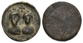 Honorius, with Theodosius II (?) Æ (18.5mm, 4.37 g) Exagium Solidi Weight. Two facing busts, cross in between / blank.