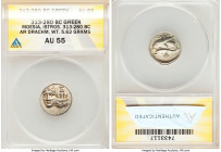 MOESIA. Istrus. Ca. 4th century BC. AR drachm (18mm, 5.62 gm, 5h). ANACS AU 55. Two male heads side-by-side, the right inverted / IΣTPIH, sea eagle st...