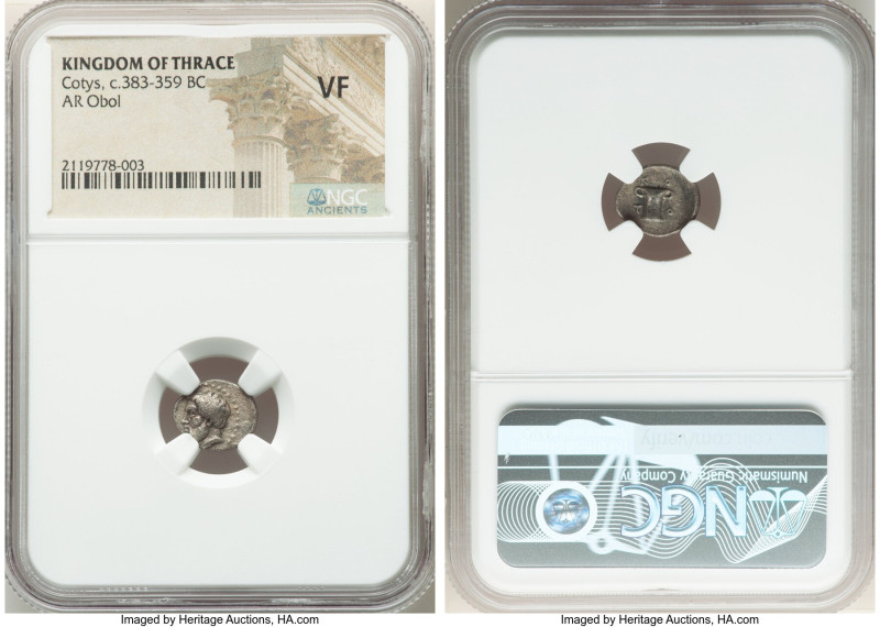 THRACIAN KINGDOM. Cotys (ca. 383-359 BC). AR obol (12mm, 6h). NGC VF. Bare head ...