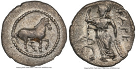 THESSALY. Pharcadon. Ca. late 5th-early 4th century BC. AR obol (13mm, 3h). NGC Choice VF, scratches. Horse prancing right; dotted border / ΦΑΡΚ, Athe...