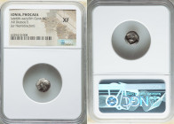 IONIA. Phocaea. Ca. late 6th-early 5th centuries BC. AR diobol (9mm). NGC XF. Archaic-style female head left, wearing helmet or close fitting cap / Qu...