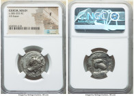 CILICIA. Soloi. Ca. 385-350 BC. AR stater (24mm, 10h). NGC Fine, die shift. Head of Athena right, wearing crested Attic helmet, bowl decorated with le...