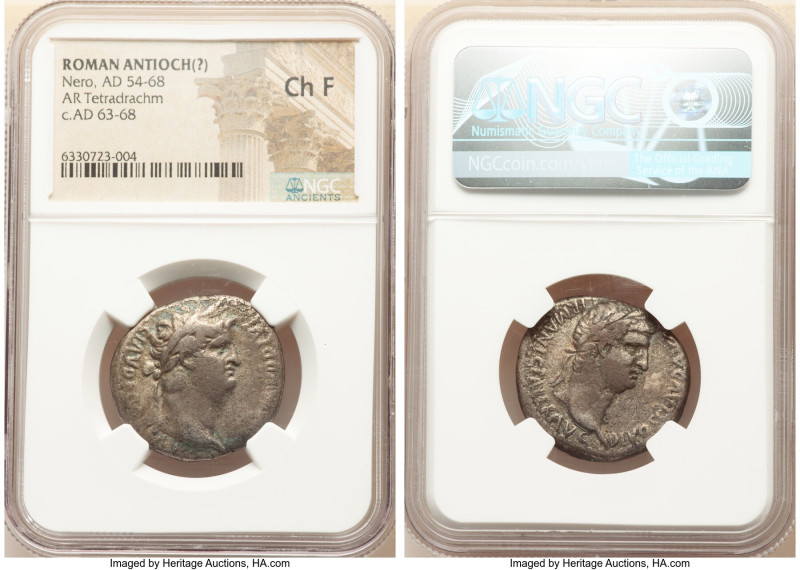 SYRIA. Antioch(?). Nero (AD 54-68), with Divus Claudius. AR tetradrachm (26mm, 1...