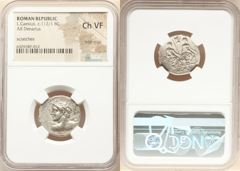 Lucius Caesius (ca. 112/1 BC). AR denarius (21mm, 5h). NGC Choice VF, edge chips...