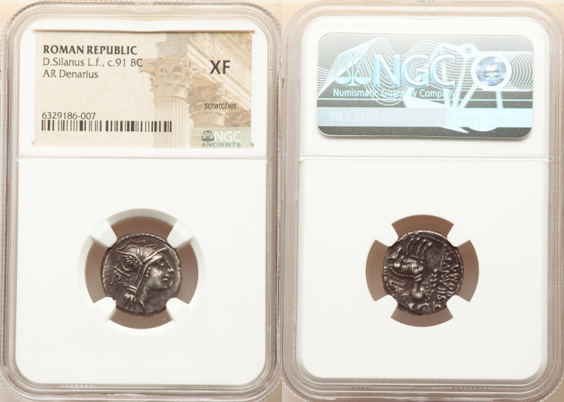 D. Silanus L.f. (ca. 91 BC). AR denarius (18mm, 9h). NGC XF, scratches. Rome. He...