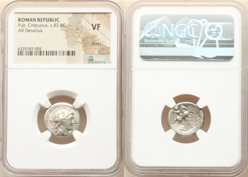 Pub. Crepusius (ca. 82 BC). AR denarius (18mm, 11h). NGC VF, marks. Rome. Laurea...