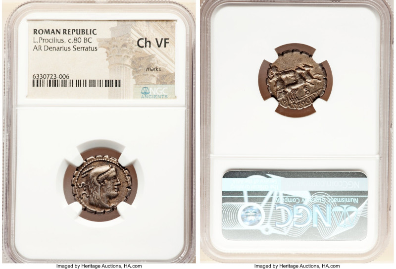 L. Procilius f. (80 BC). AR serratus denarius (19mm, 5h). NGC Choice VF, marks. ...