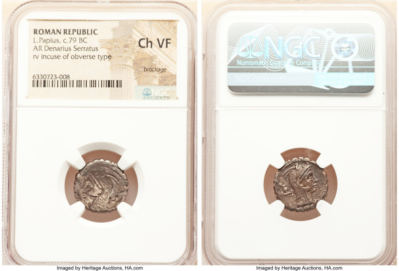 L. Papius (ca. 79 BC). AR denarius serratus (17mm, 12h). NGC Choice VF, brockage...