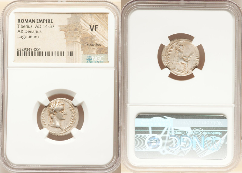 Tiberius (AD 14-37). AR denarius (19mm, 6h). NGC VF, scratches. Lugdunum, ca. AD...