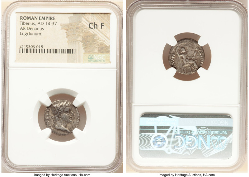 Tiberius (AD 14-37). AR denarius (18mm, 5h). NGC Choice Fine. Lugdunum, ca. AD 1...