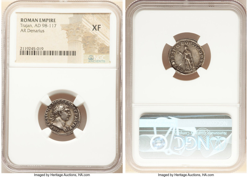 Trajan (AD 98-117). AR denarius (18mm, 5h). NGC XF. Rome, AD 103-111. IMP TRAIAN...