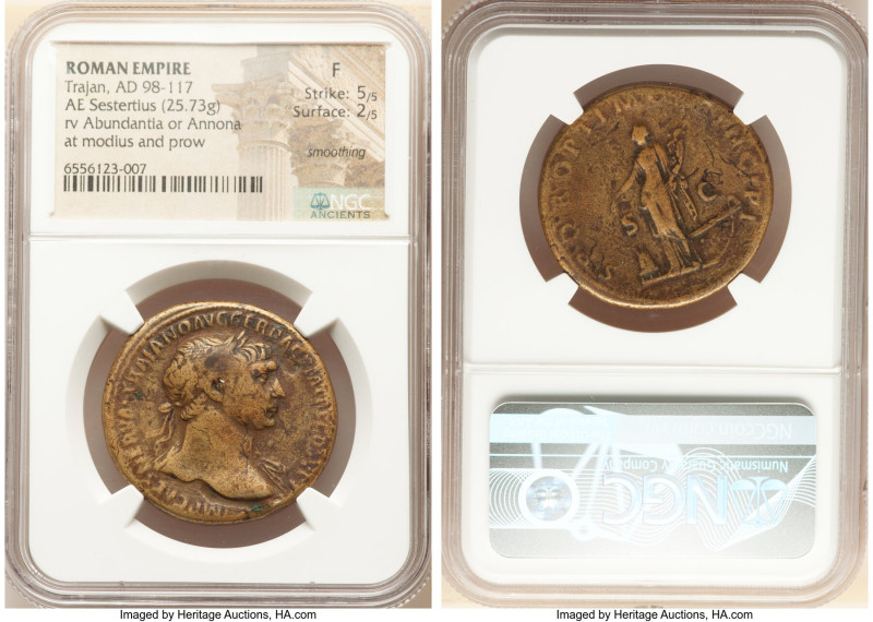 Trajan (AD 98-117). AE sestertius (32mm, 25.73 gm, 5h). NGC Fine 5/5 - 2/5, smoo...