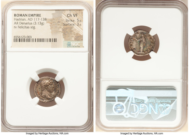 Hadrian (AD 117-138). AR denarius (17mm, 3.13 gm, 6h). NGC Choice VF 5/5 - 3/5. ...