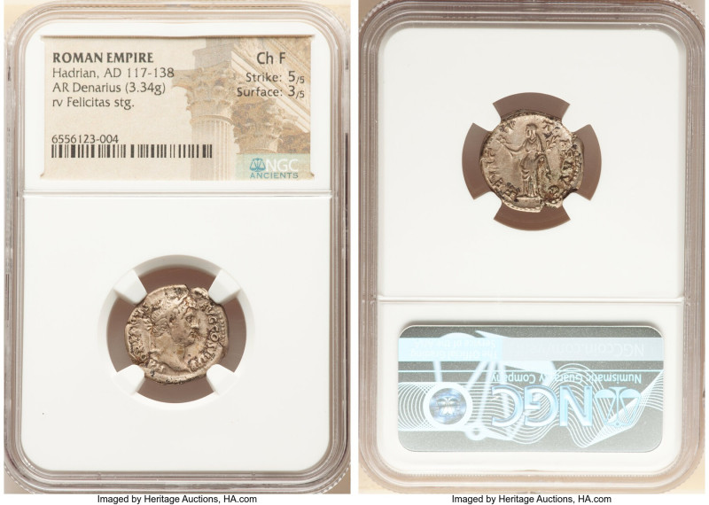 Hadrian (AD 117-138). AR denarius (18mm, 3.34 gm, 6h). NGC Choice Fine 5/5 - 3/5...