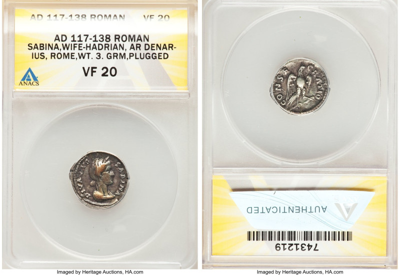 Diva Sabina (AD 128-136/7). AR denarius (18mm, 5h). ANACS VF 20, plugged. Rome, ...