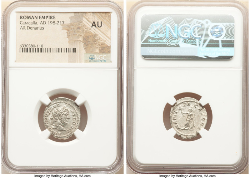 Caracalla (AD 198-217). AR denarius (20mm, 12h). NGC AU. Rome, AD 210-213. ANTON...