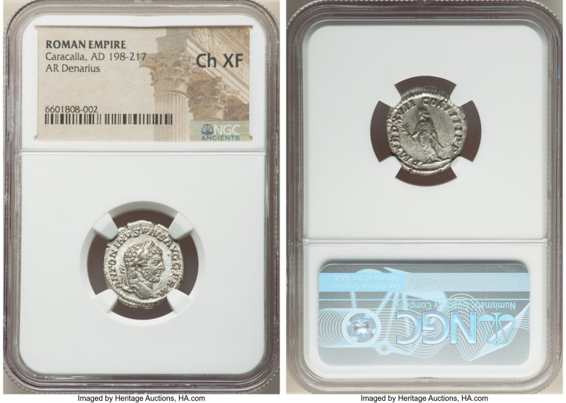 Caracalla (AD 198-217). AR denarius (19mm, 5h). NGC Choice XF. Rome, AD 214. ANT...