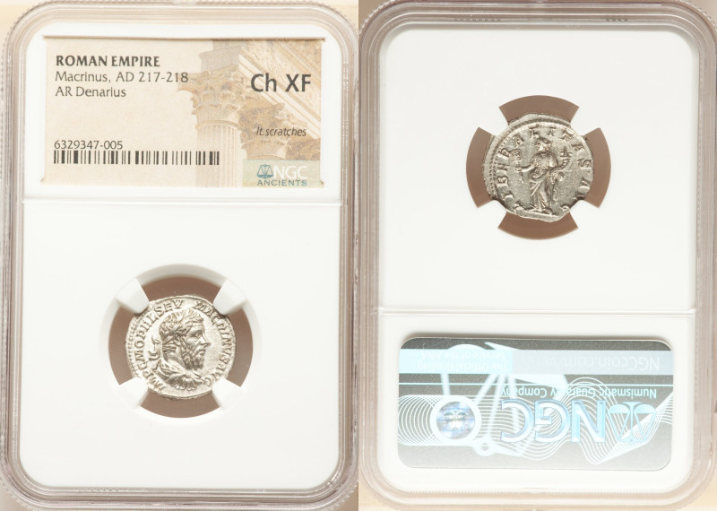 Macrinus (AD 217-218). AR denarius (18mm, 6h). NGC Choice XF, light scratches. R...