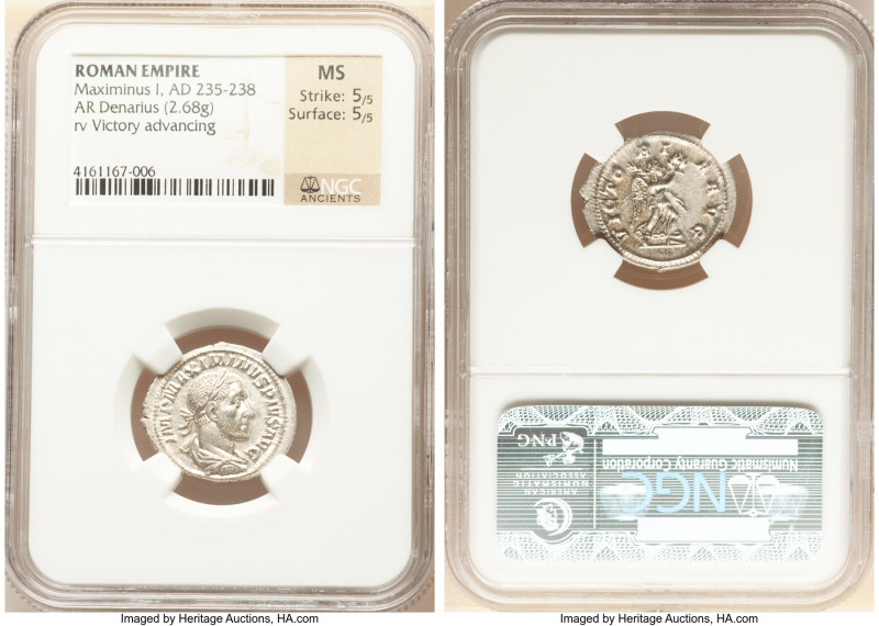 Maximinus I (AD 235-238). AR denarius (21mm, 2.68 gm, 6h). NGC MS 5/5 - 5/5. Rom...