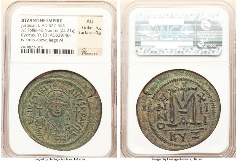 Justinian I (AD 527-565). AE follis or 40 nummi (43mm, 23.21 gm, 12h). NGC AU 5/...