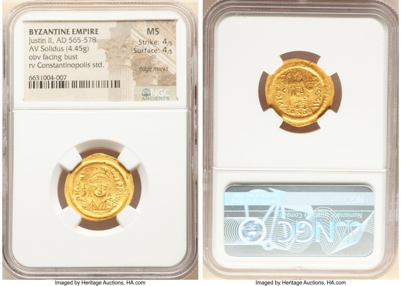 Justin II (AD 565-578). AV solidus (21mm, 4.45 gm, 6h). NGC MS 4/5 - 4/5, edge m...