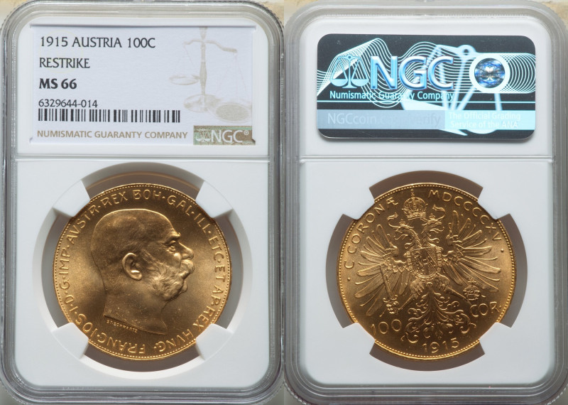 Franz Joseph I gold Restrike 100 Corona 1915 MS66 NGC, Vienna mint, KM2819, Fr-5...