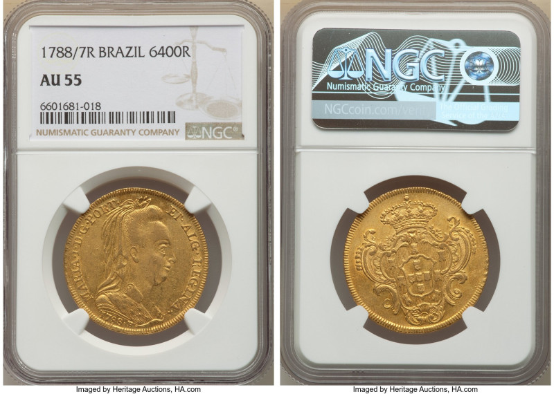 Maria I gold 6400 Reis (Peça) 1788/7-R AU55 NGC, Rio de Janeiro mint, KM218.1. 
...