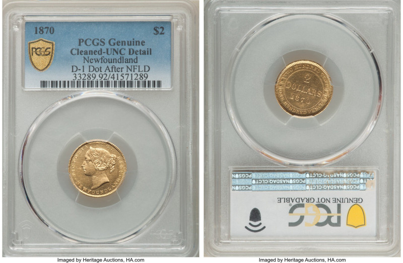 Newfoundland. Victoria gold 2 Dollars 1870 UNC Details (Cleaned) PCGS, London mi...