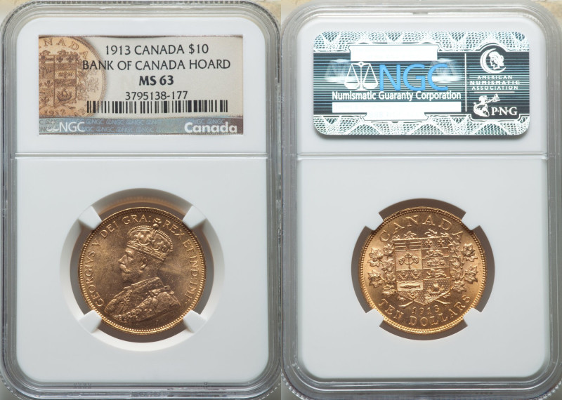 George V gold 10 Dollars 1913 MS63 NGC, Ottawa mint, KM27, Fr-3. Bank of Canada ...