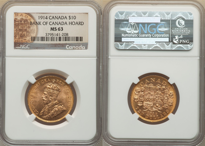 George V gold 10 Dollars 1914 MS63 NGC, Ottawa mint, KM27, Fr-3. Three year type...