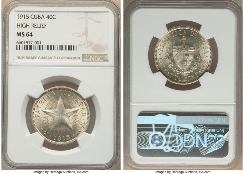 Republic "High Relief" Star 40 Centavos 1915 MS64 NGC, Philadelphia mint, KM14.1...