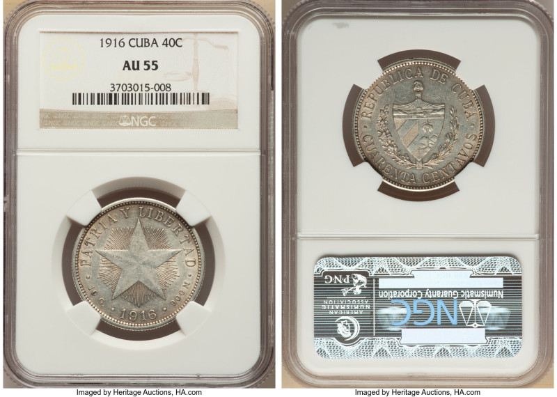 Republic 40 Centavos 1916 AU55 NGC, Philadelphia mint, KM14.3. 

HID09801242017
...