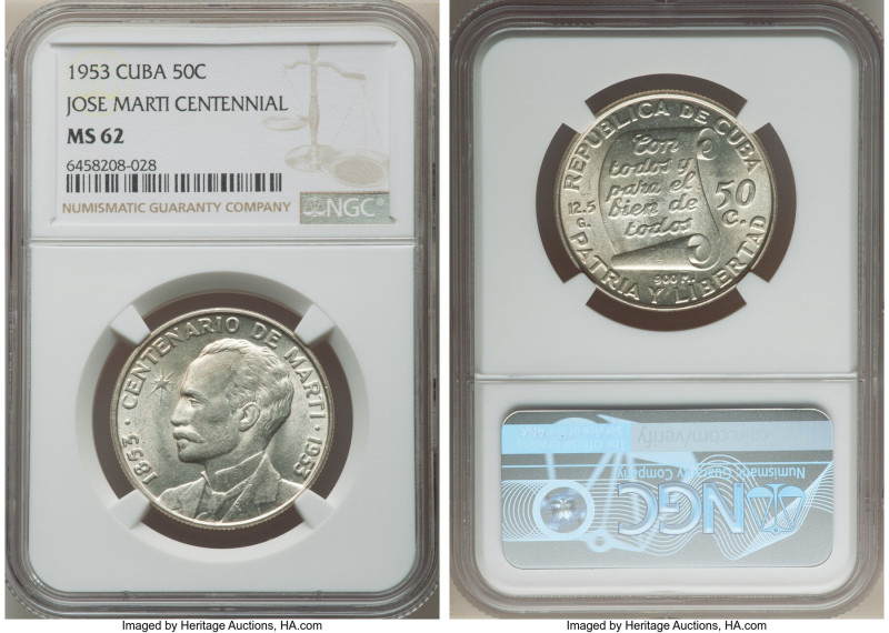 Republic "Jose Marti Centennial" 50 Centavos 1953 MS62 NGC, Philadelphia mint, K...