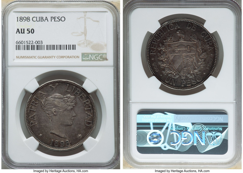 Republic Souvenir Peso 1898 AU50 NGC, Gorham mint, KM-A8, Elizondo-4. revealing ...