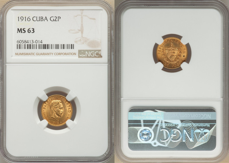 Republic gold 2 Pesos 1916 MS63 NGC, Philadelphia mint, KM17, Fr-6. 

HID0980124...