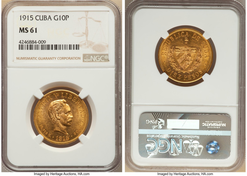 Republic gold 10 Pesos 1915 MS61 NGC, Philadelphia mint, KM20, Fr-3. 

HID098012...