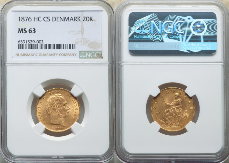 Christian IX gold 20 Kroner 1876 (h)-CS MS63 NGC, Copenhagen mint, KM791.1, Fr-2...