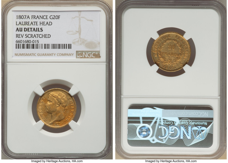 Napoleon gold 20 Francs 1807-A AU Details (Reverse Scratched) NGC, Paris mint, K...