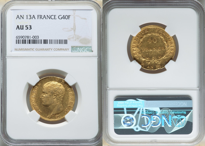 Napoleon gold 40 Francs L'An 13 (1804/1805)-A AU53 NGC, Paris mint, KM664.1, Fr-...